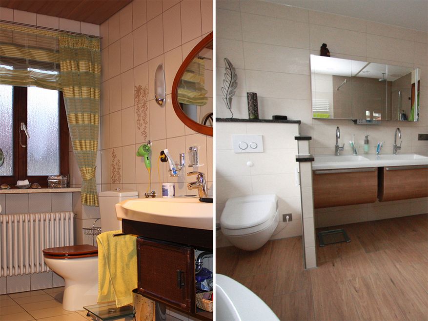 Vorher-Nachher-Vergleich einer modernen Badezimmerrenovierung.